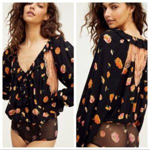 Free People Poppy Printed Bodysuit Intimately Black Top